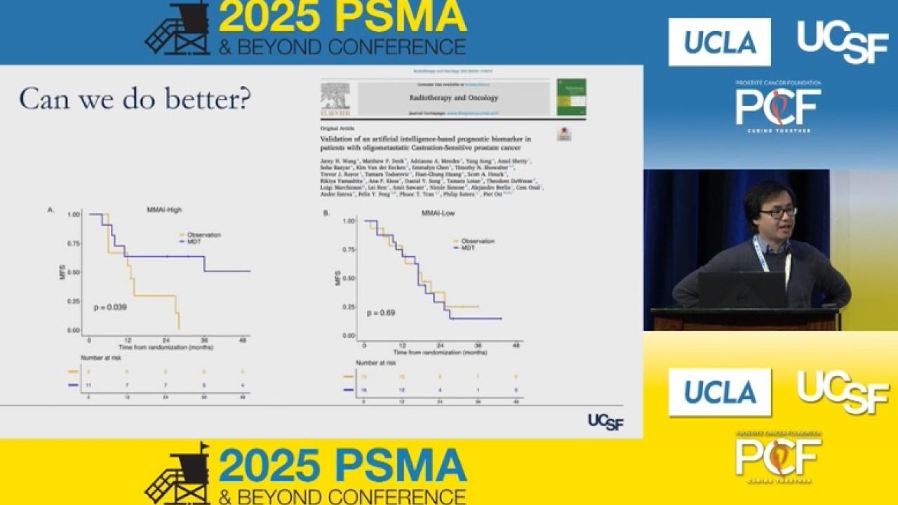 Julian Hong, MD, presents "Who Benefits from Oligometastasis Directed Therapy?" at the 2025 PSMA & Beyond Conference held at UCLA. 2025 PSMA conference